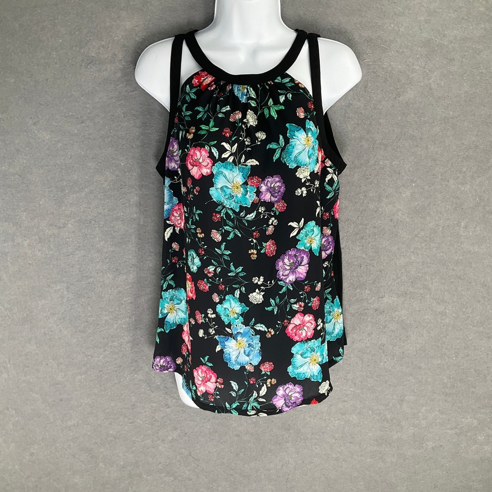 EXPRESS Black Floral‎ Halter Neck Keyhole Back Tank Top Women's Sz M